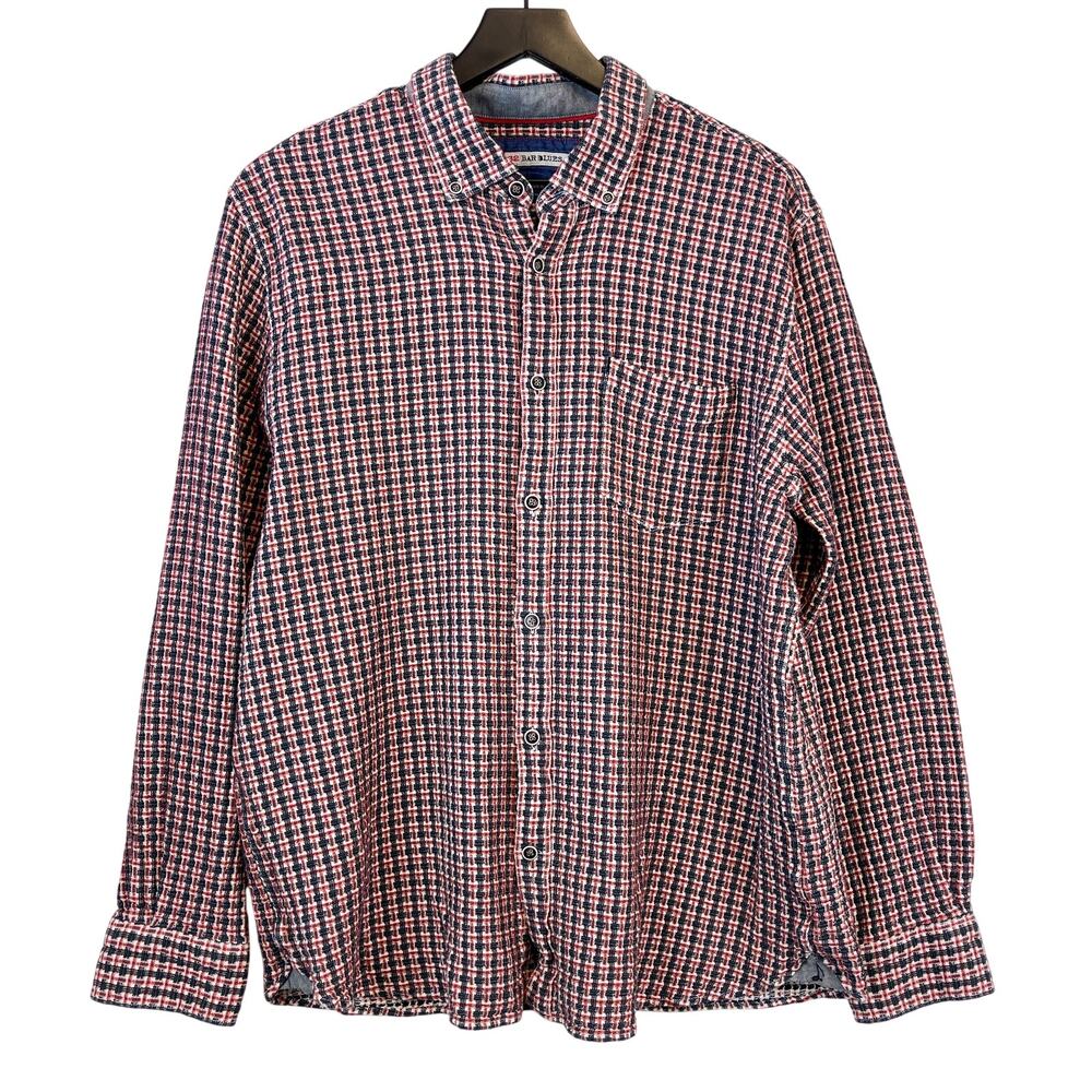 32 Bar Blues Mens XL Woven Oxford Red Black Plaid Shirt